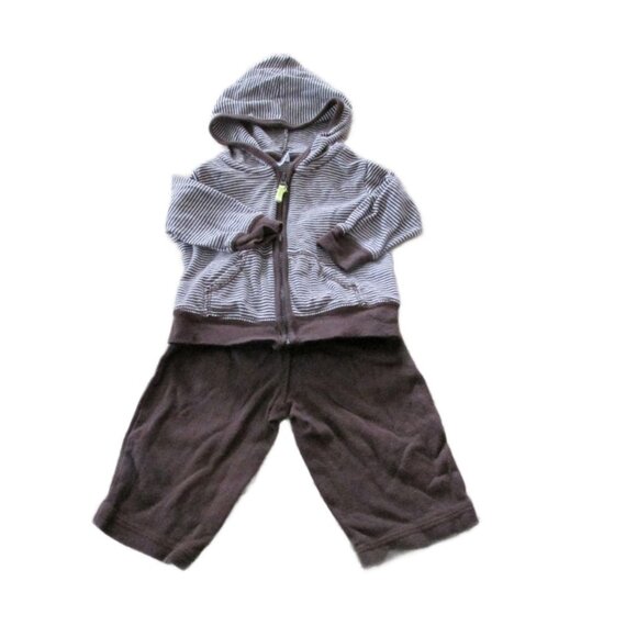 Carters 2 Pc Hooded Zip Front Jacket Pants Outfit Boy Size 3M Brown White Stripe - Picture 1 of 6